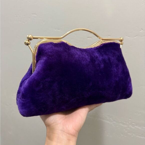 Purple Real Shearling Leather Double Kisslock & Top Handle Clutch with 2 Straps - Picture 8 of 16